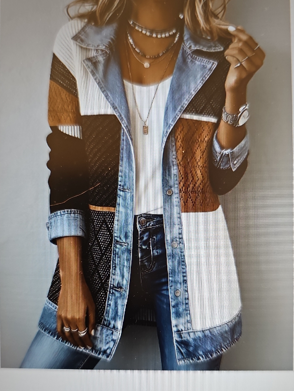 New Colorblock Neutral Denim Trim Earthtone Long Sleeve Top Large